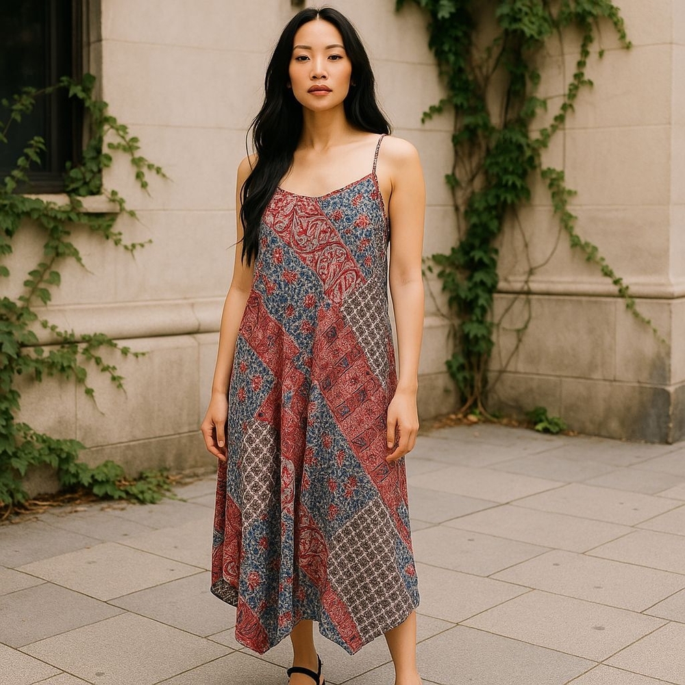 Nina Leonard Boho Patchwork Handkerchief Hem Maxi Dress Red White & Blue Size 1X